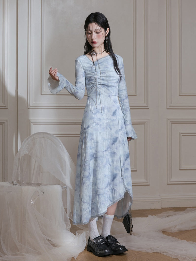 번지 인쇄 스트레치 타이트 드레스