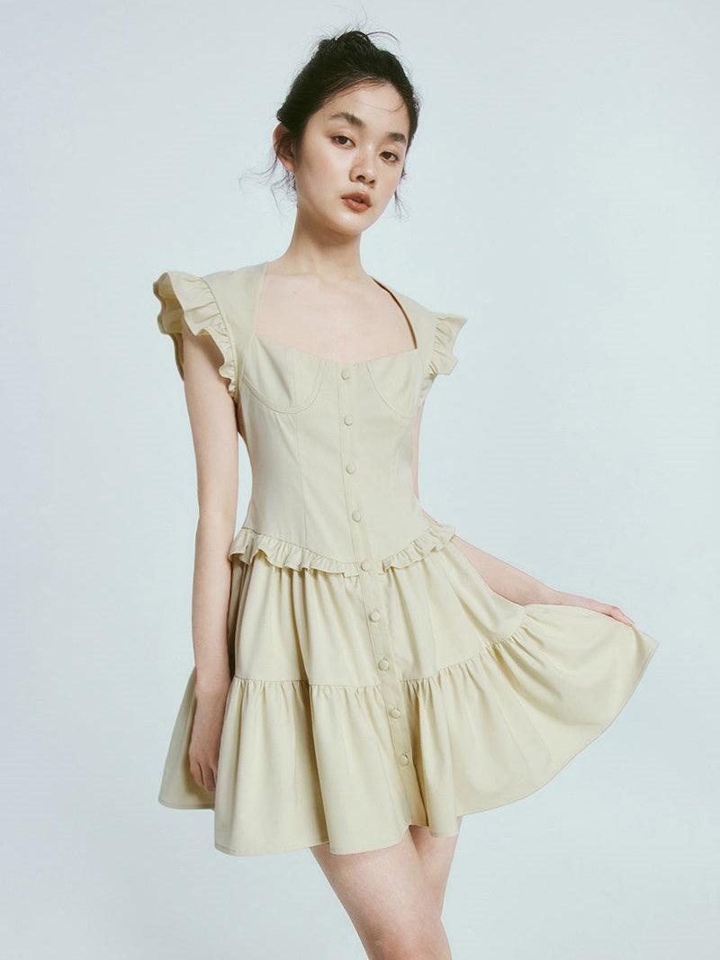 Square Neck Flying Sleeve Gather One-piece