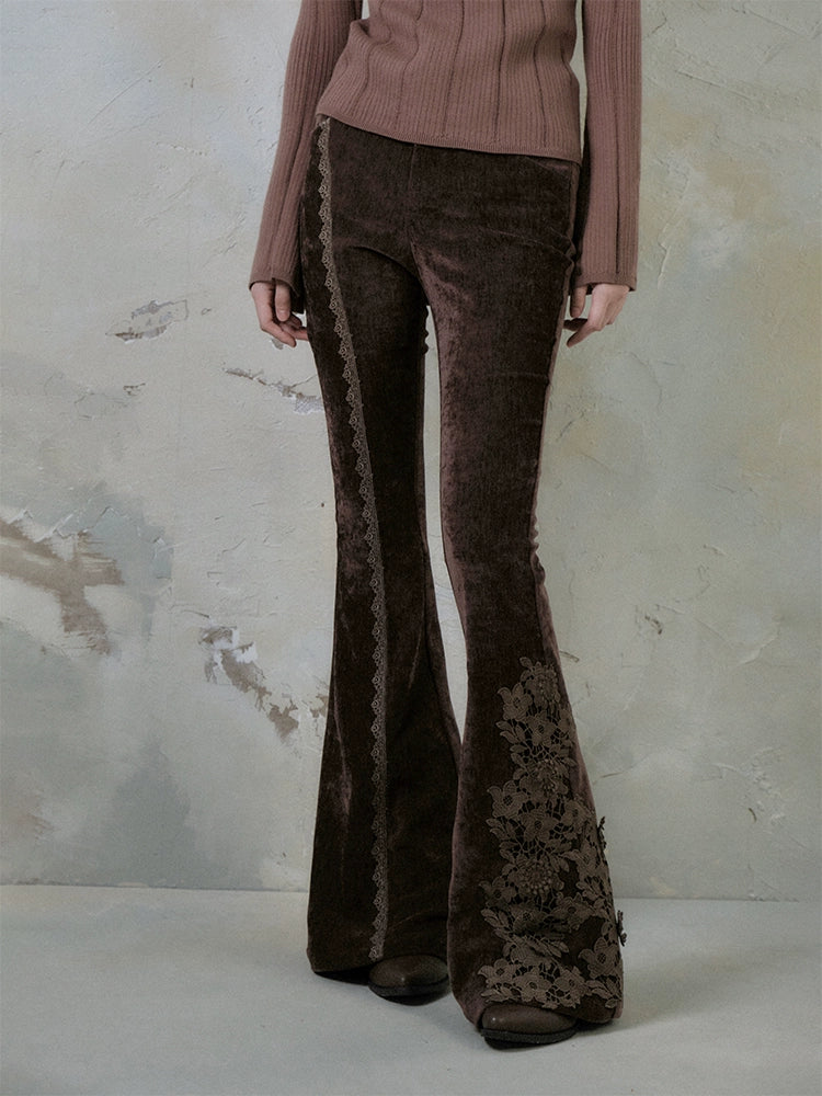 Lace Stitch Elastic Slim Velvet Bootcut Pants
