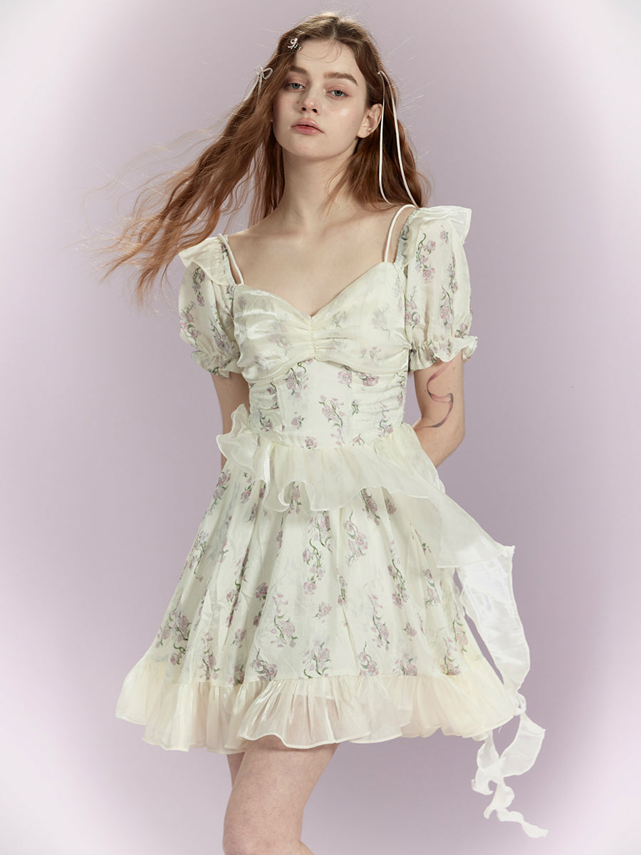 Blumengloss Puffärmel Wickelkleid