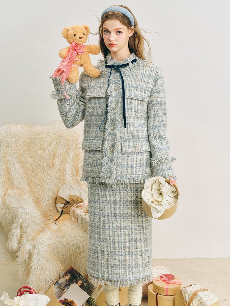 Loose Silhouette Tweed No-Collar Jacket & Mid-Length Skirt