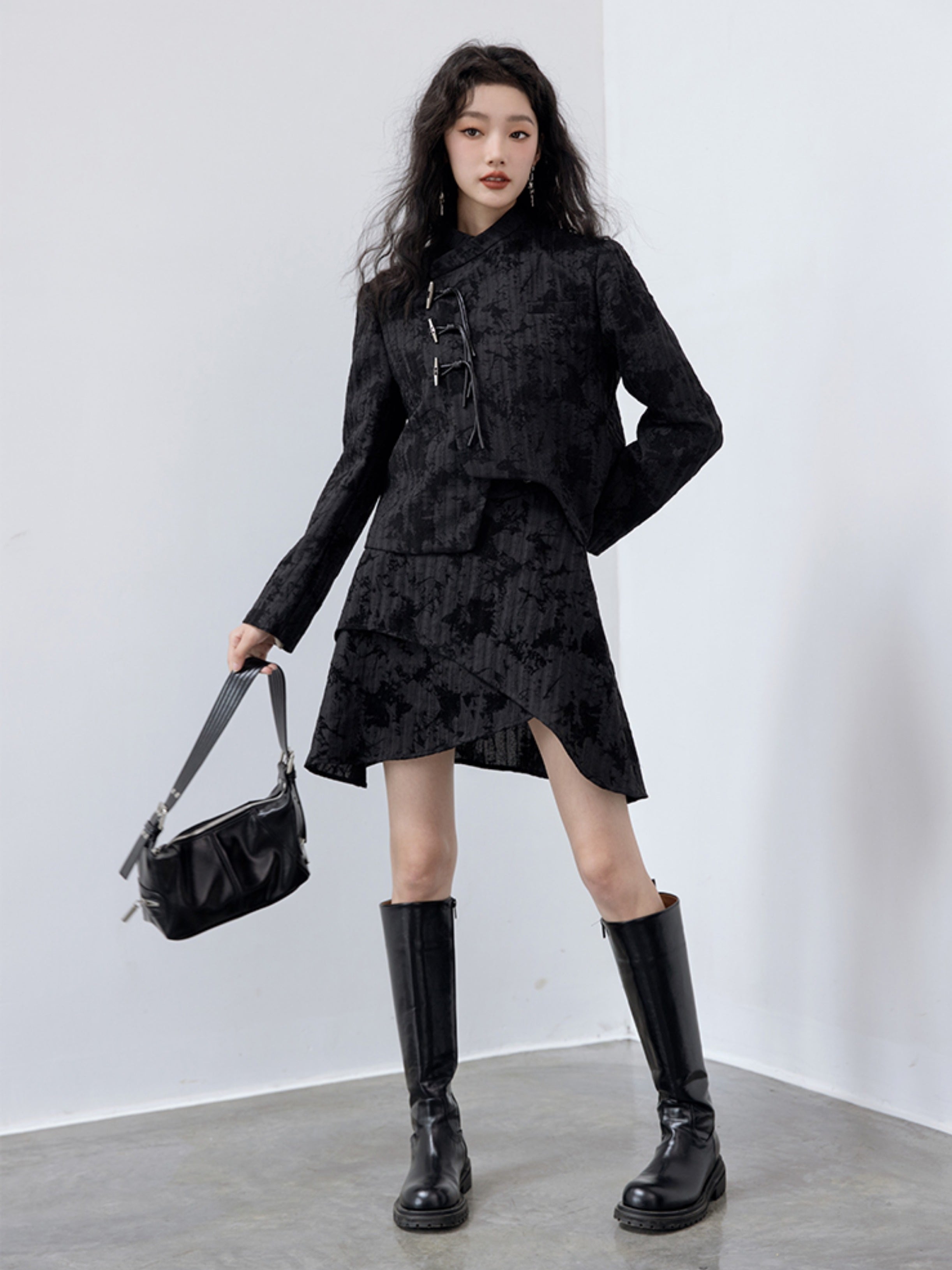 Flocking Chinese Button Asymmetry Jacket & Skirt