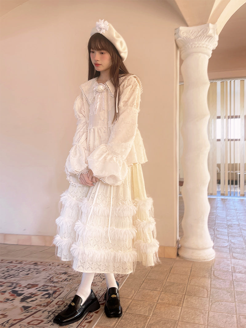 Lose Retro -Spitzenpuff -Langarmhemd