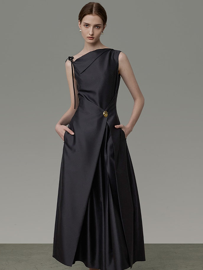 비대칭 디자인 허리 모양 소매 드레스