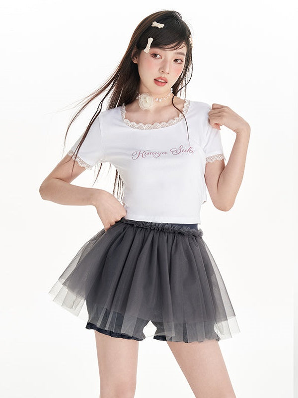 뒷면 스트랩 보우 레이스 U-Neck 인쇄 티셔츠