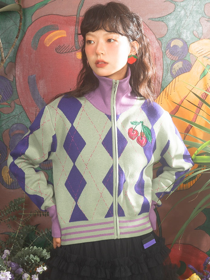 Cherry Embroidered Argyle Knitted Zipper Cardigan