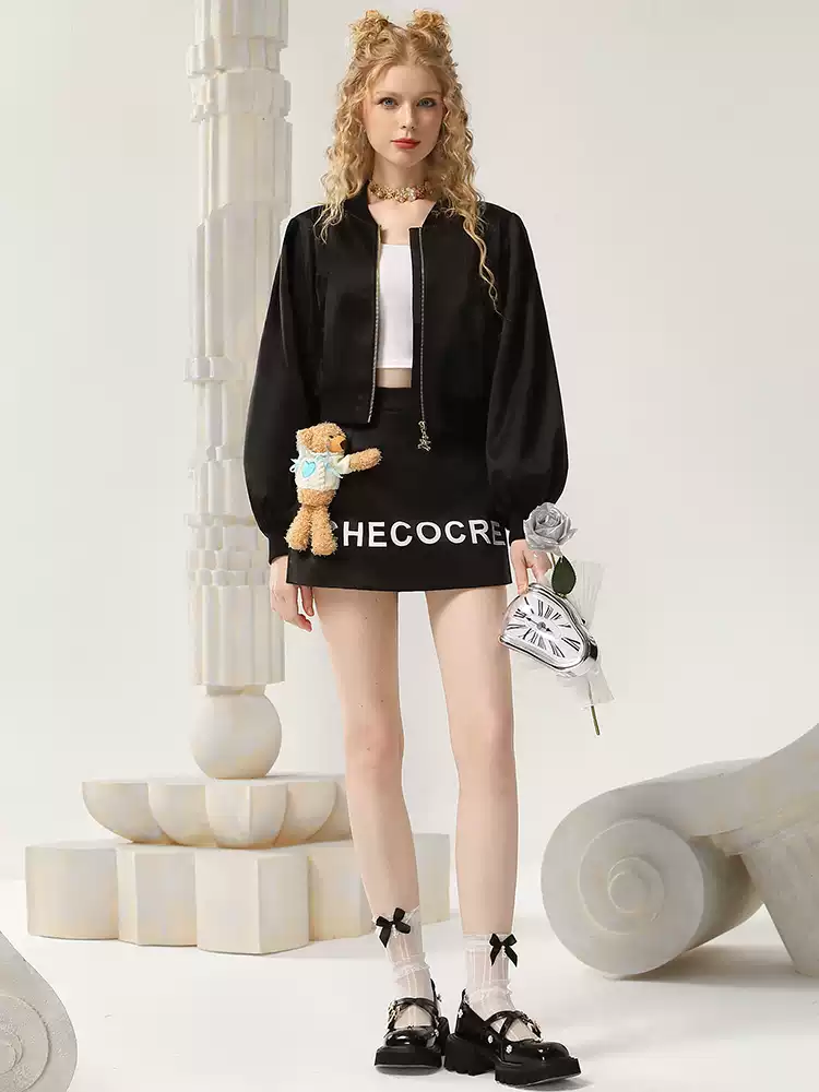 Parka&Mini-Skirt Casual Letter Balloon-Sleeve Set-Up