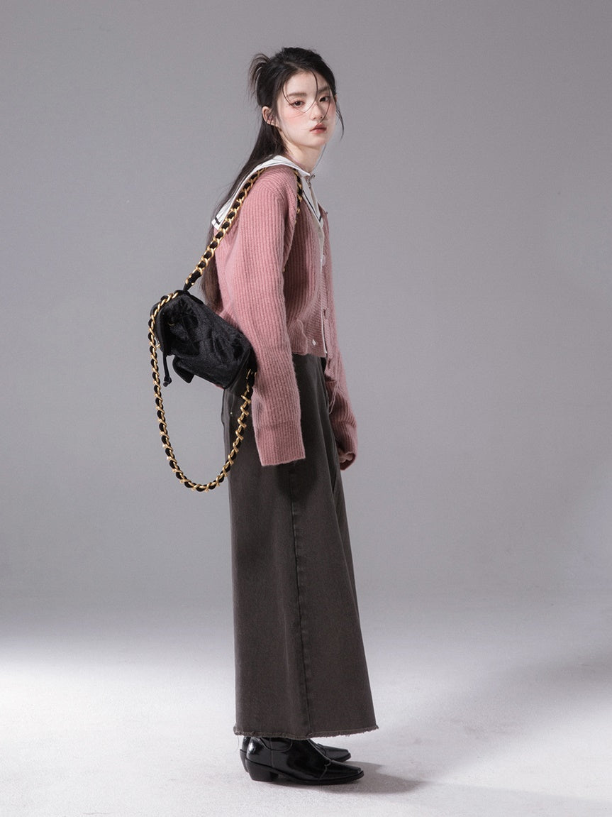 Raw Edge Denim Long Skirt