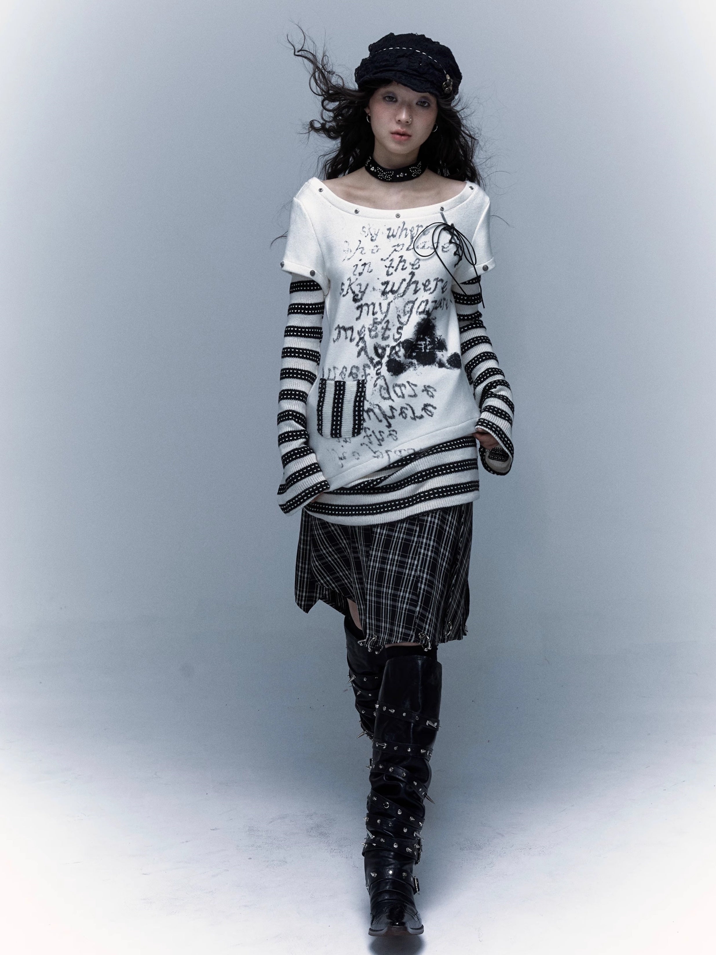 펑크 스 플라이 싱 스트라이프 프린트 긴팔 티셔츠