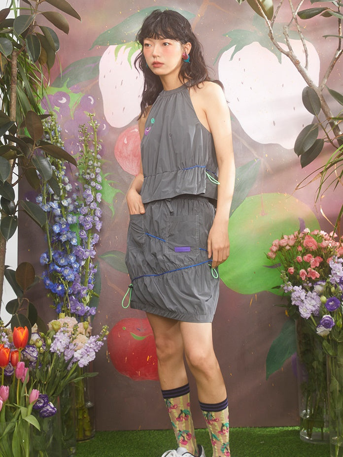 Cherry Embroidery Drawstring Halter Vest & Skirt