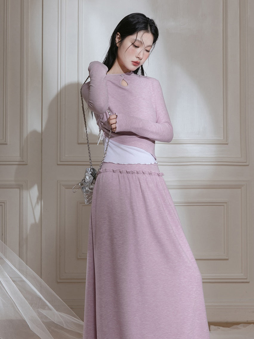 Layered Design Knitted Smocked Top & Skirt Set-up