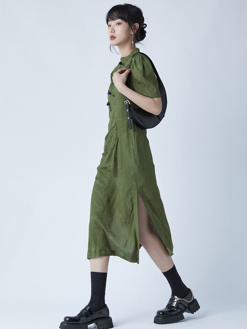 Chinese Style Bamboo Leaf Hollow Buckle A-line Dress