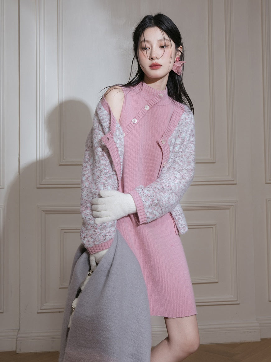 Contrast Color Sleeveless Knitted One-piece & Cardigan Set-up