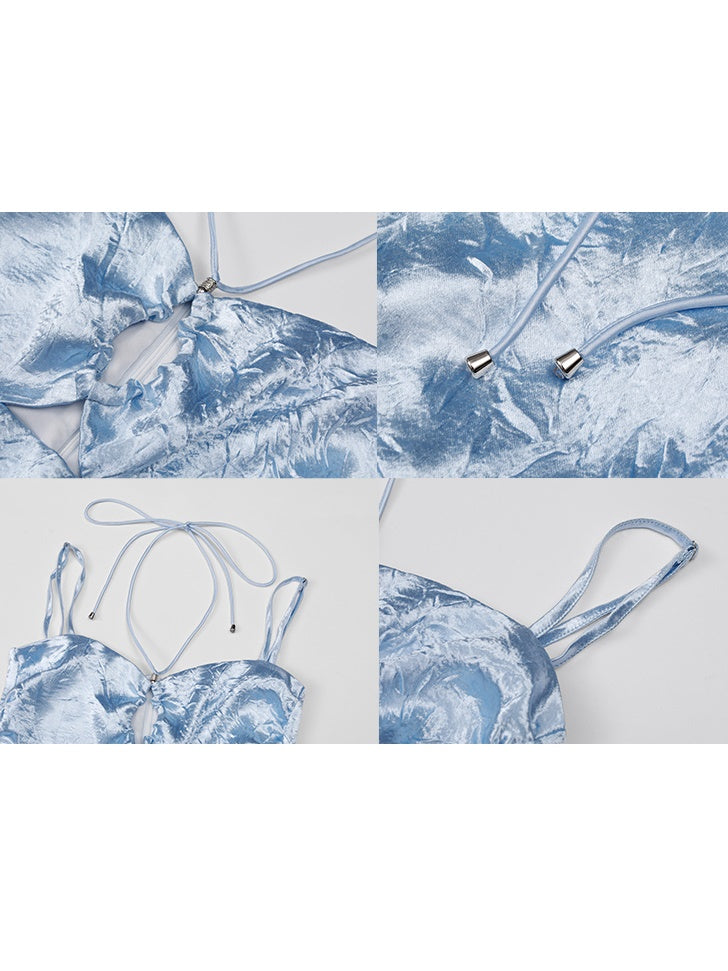 반짝이는 중공 서스펜더 드레스 & 레이스 슬리브