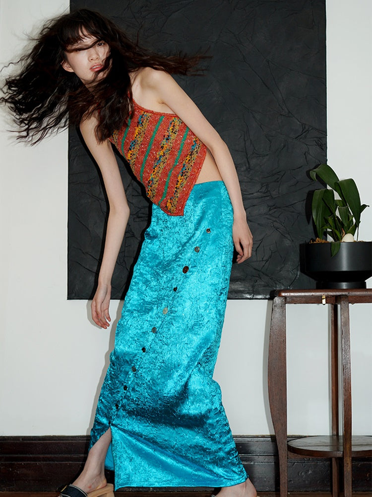 대조적 인 줄무늬 원사 니트 홀터 탱크 탑