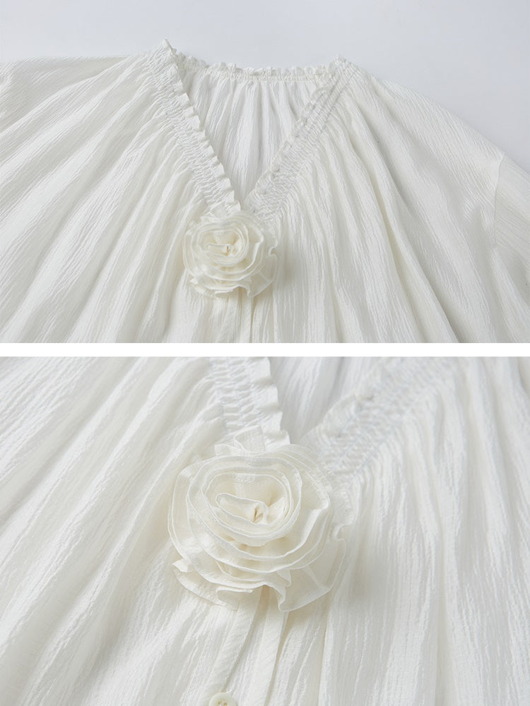 Gather V-Neck Lace Stitching Sheer Shirt