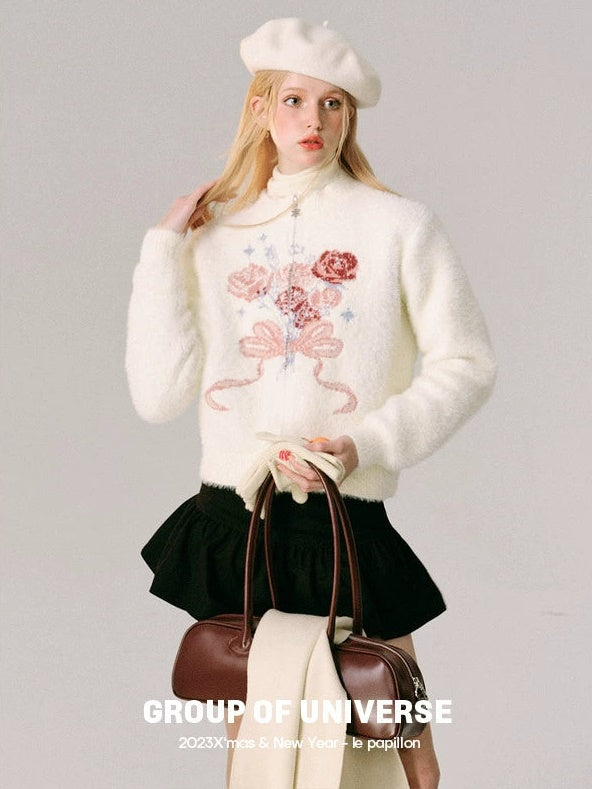 Jacquard Rose Bow Blipper Tripted Cardigan