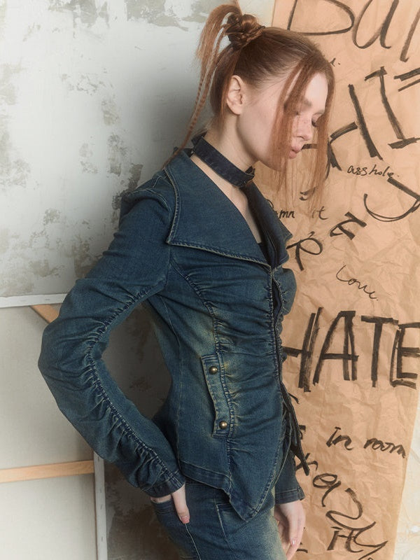 Street Pleated Stacked Denim Jacket