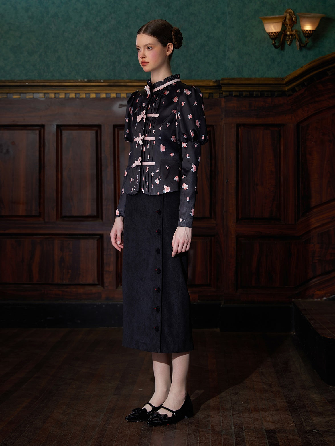 Chinese Style Bow Floral Puff Sleeve Shirt Jacket