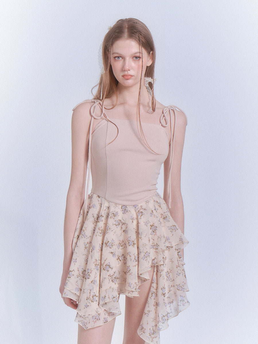 Knitted Floral Chiffon Irregular Hem Suspender Dress