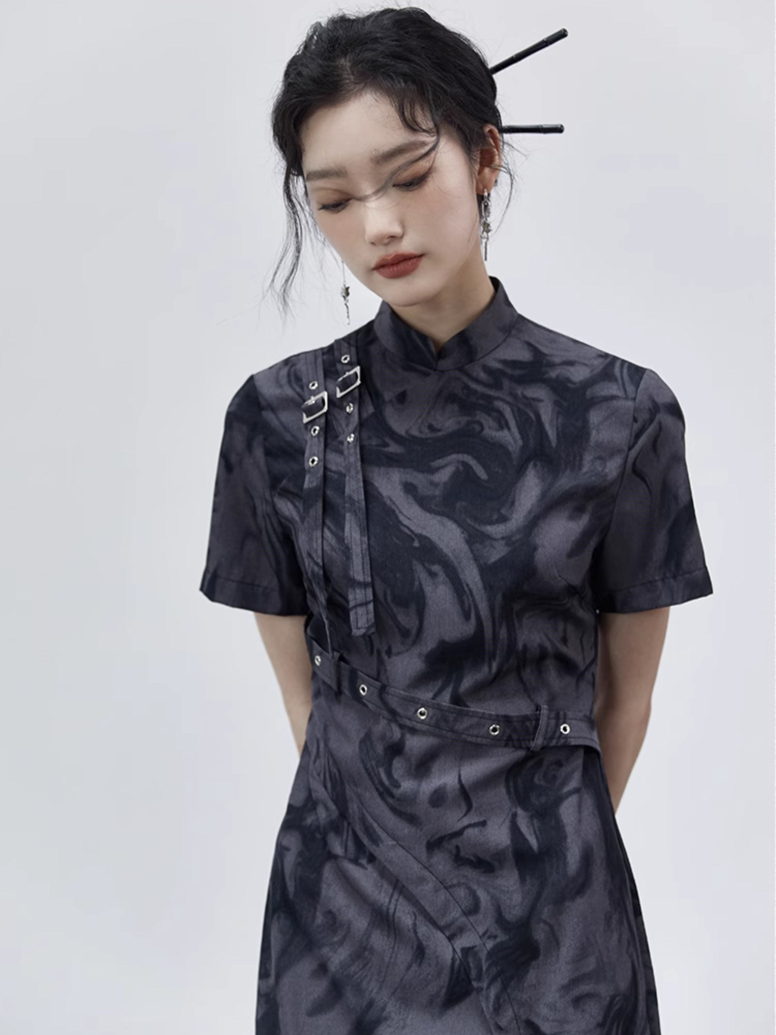 Tie-Dye Strap Design Cheongsam Short Sleeve Dress