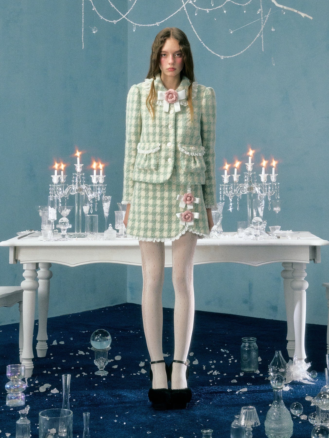 Plaid Bow Flower Brooch Lace Padded Short Jacket & Skirt