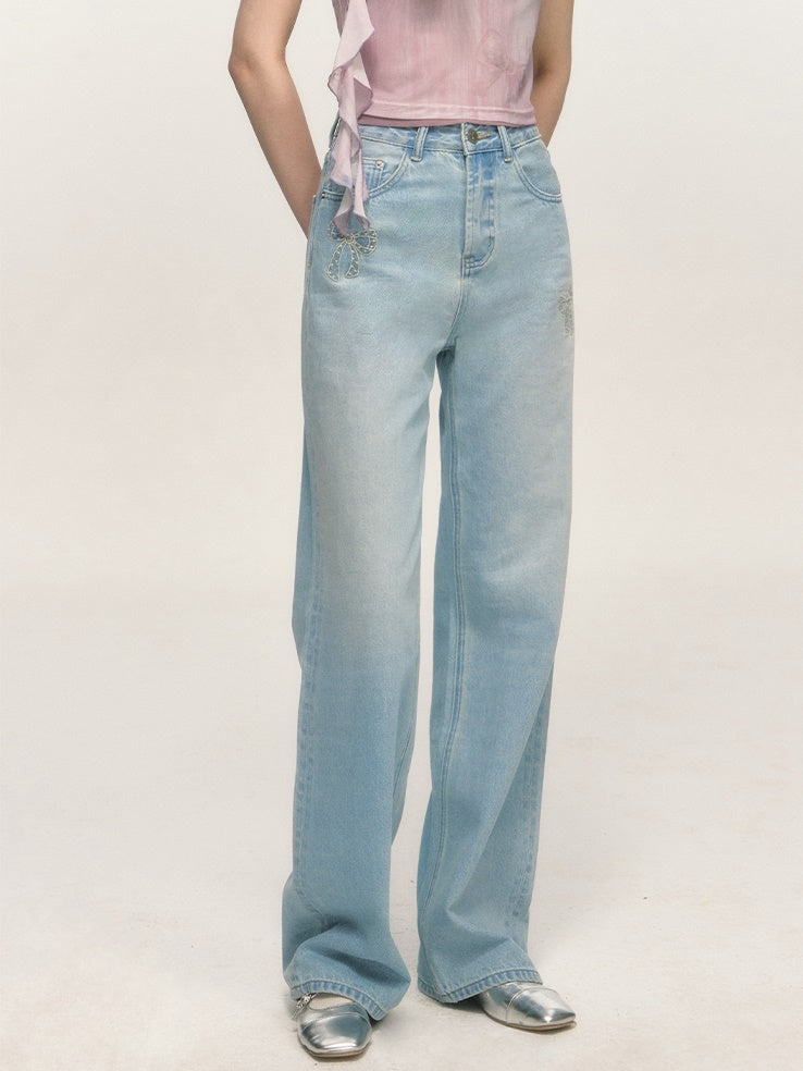 Embroidered Washed Distrssed Straight Loose Denim
