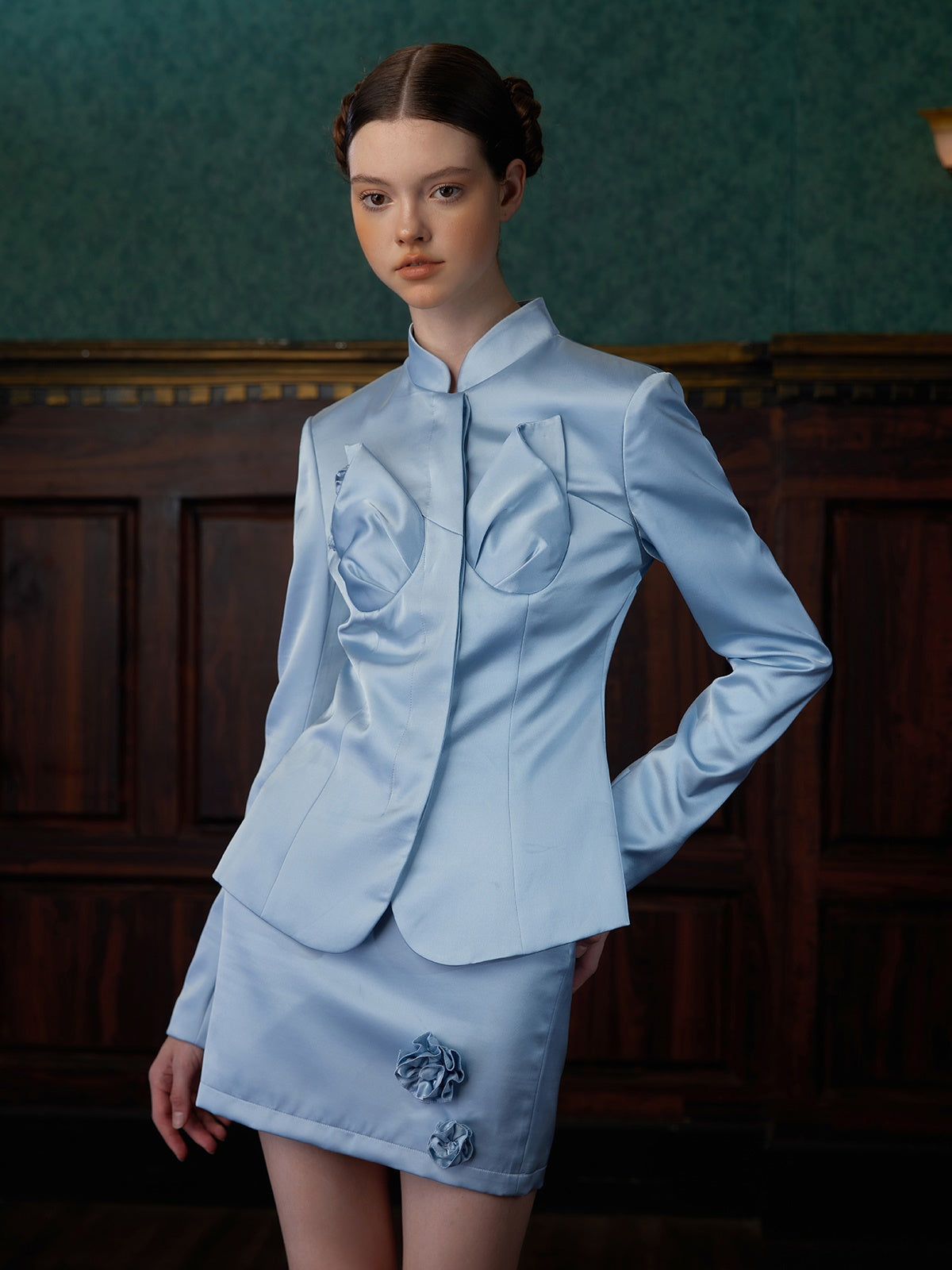 Dreidimensional Blumendesign Mao Kragenjacke & Rock