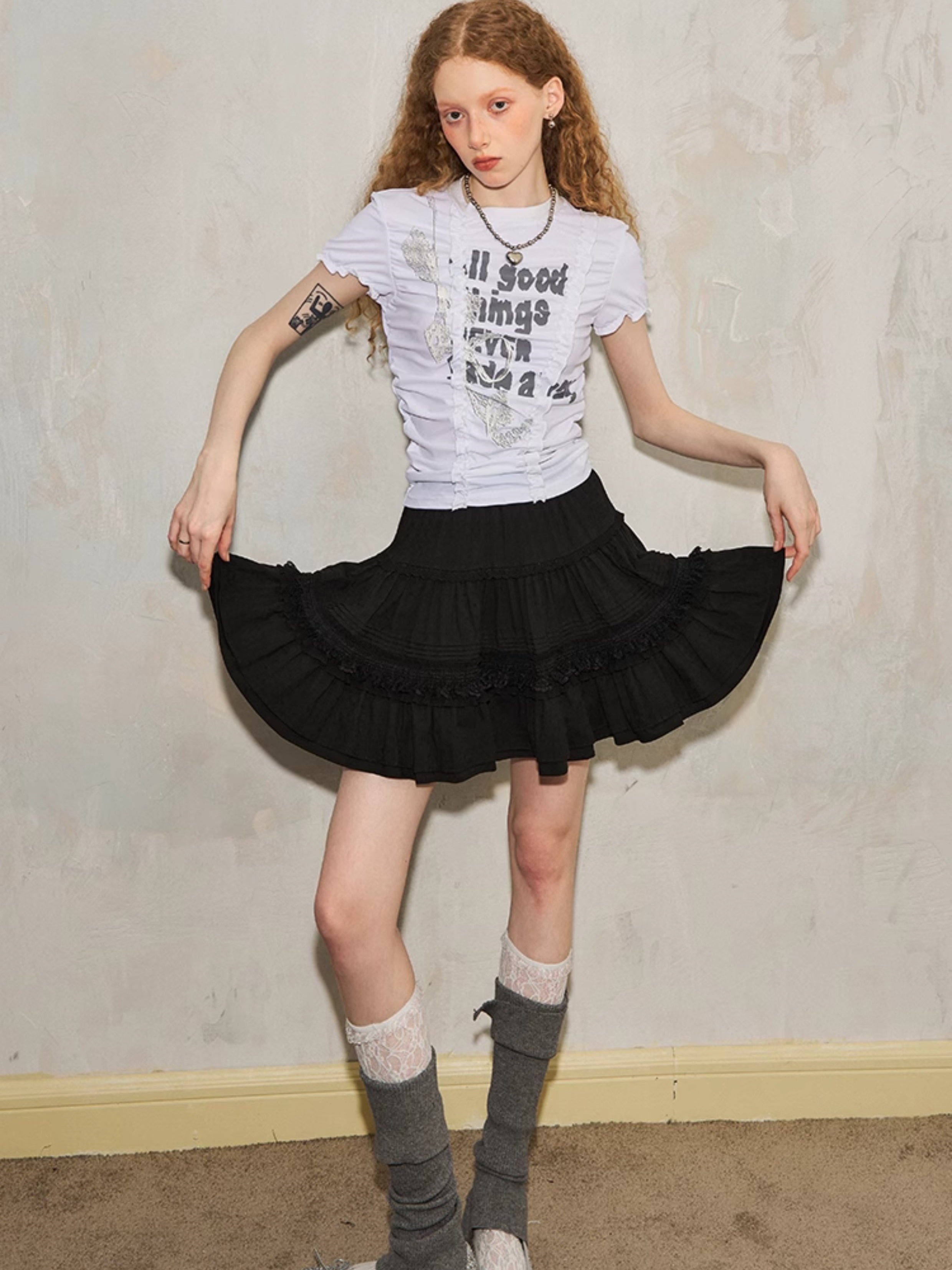 Lace Print Fungus Wrinkled Slim Short-sleeved T-shirt