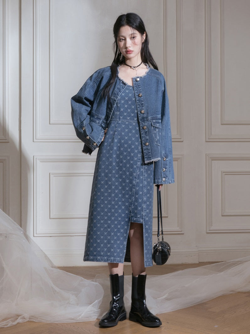 Raw Edge Jacquard Denim Jacket & Butterfly Suspender Skirt