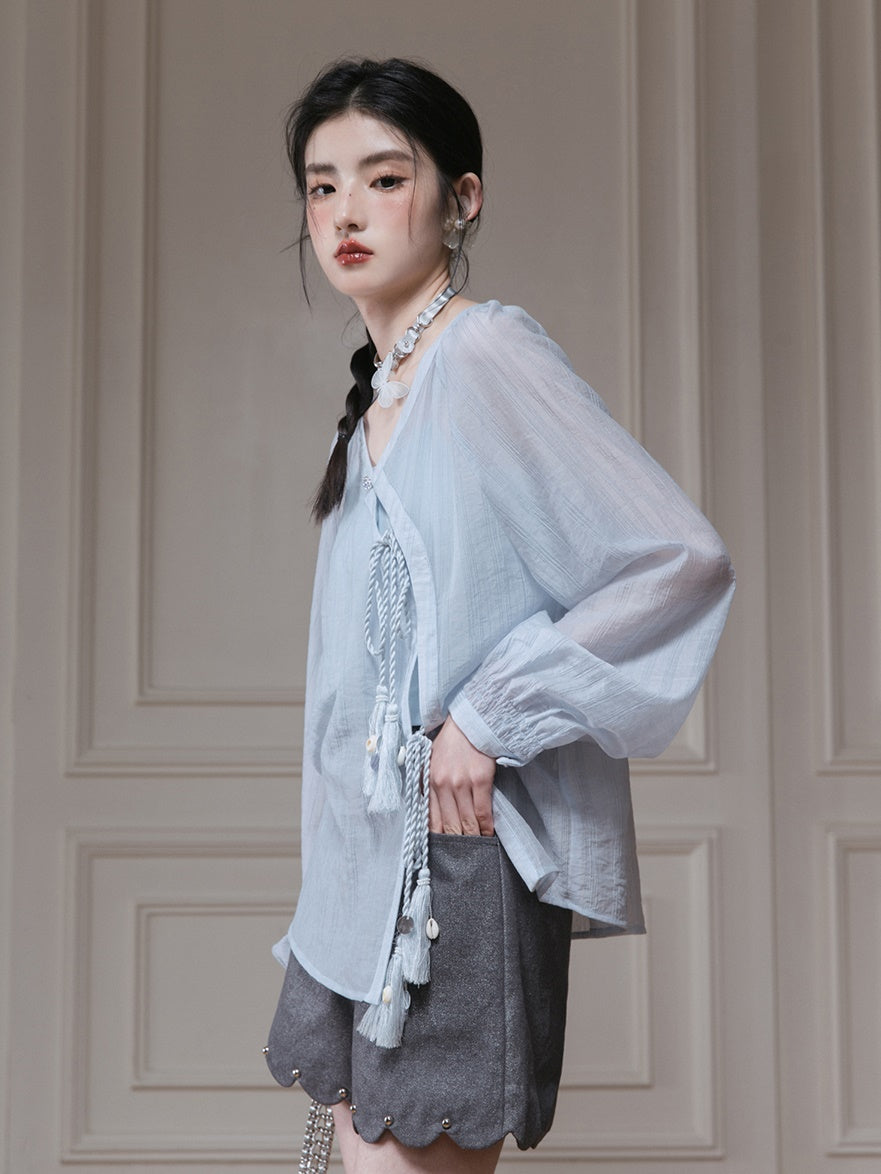 Oblique Placket Tie Sheer Shirt & Camisole Set-up