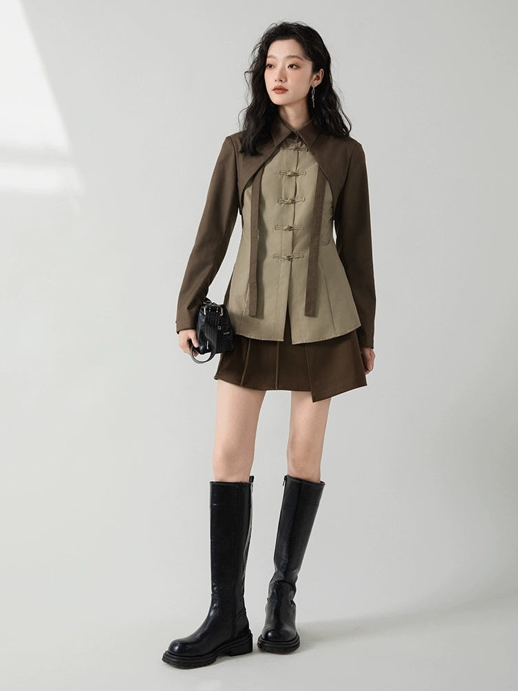 중국 버클 콘트라스트 컬러 페이크 2피스 셔츠