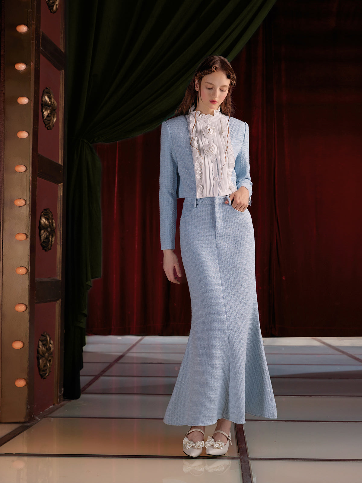 Pleated Ruffled Switching Tweed Touch Jacket & Mermaid Skirt