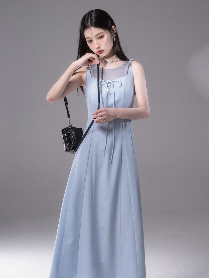 Rope Ribbon Suspender Long Skirt & Short Tank Top Set-up