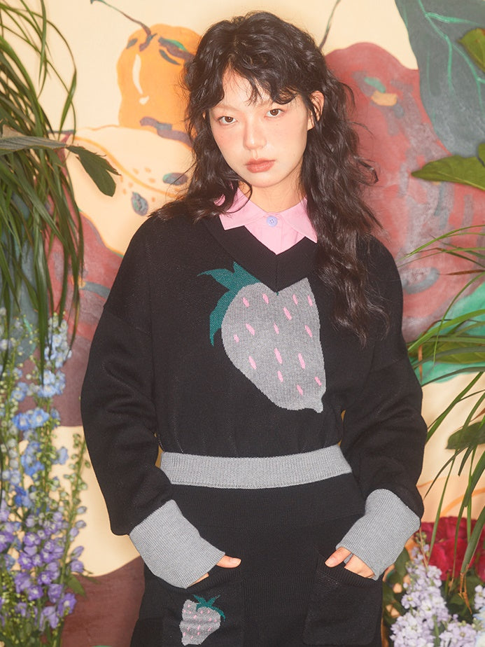 Strawberry Jacquard V-Ausschnitt Strickpullover & Rock