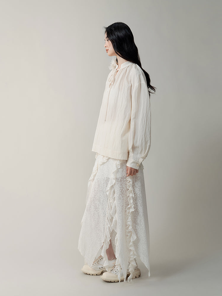 Mist Rose Stand Collar Tie Shirt