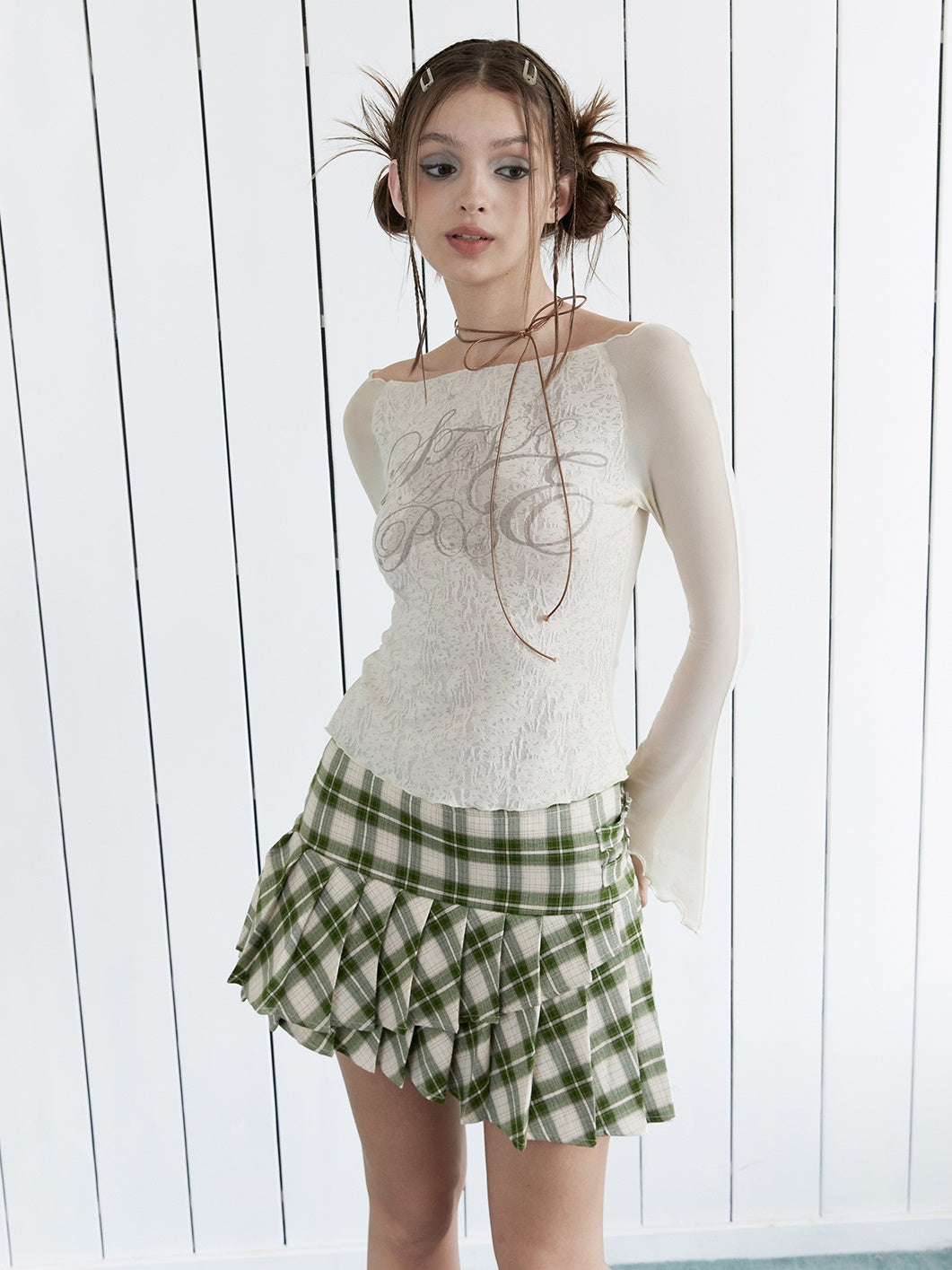 Plaid Asymmetric Pleated Skirt