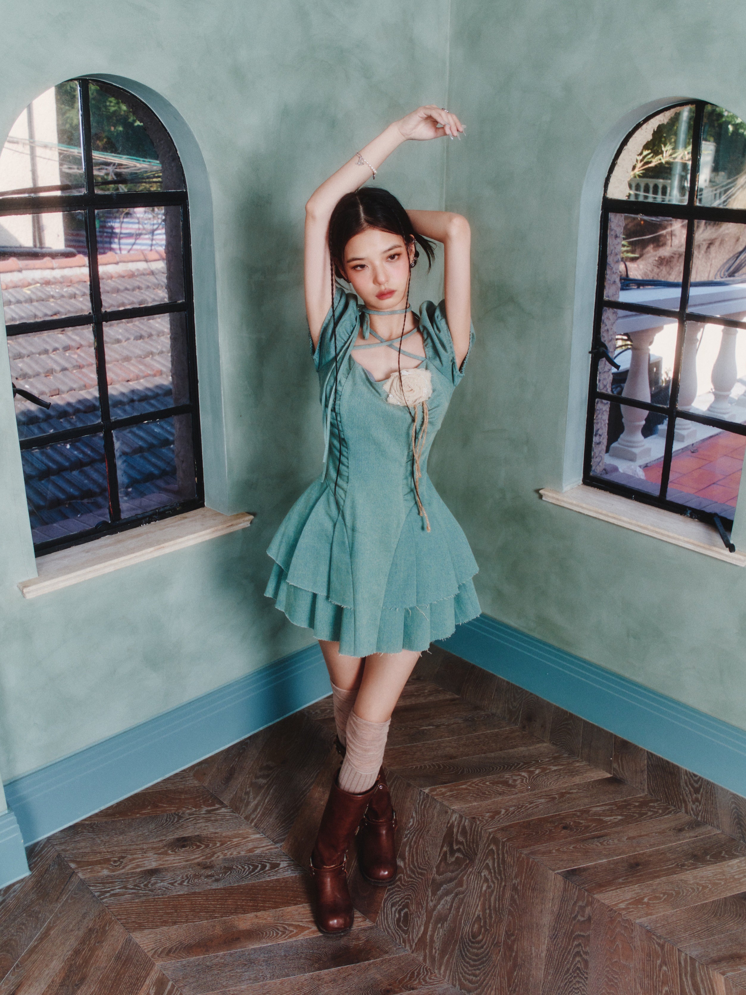 Lace-up Pleated Puff Sleeve Denim Dress