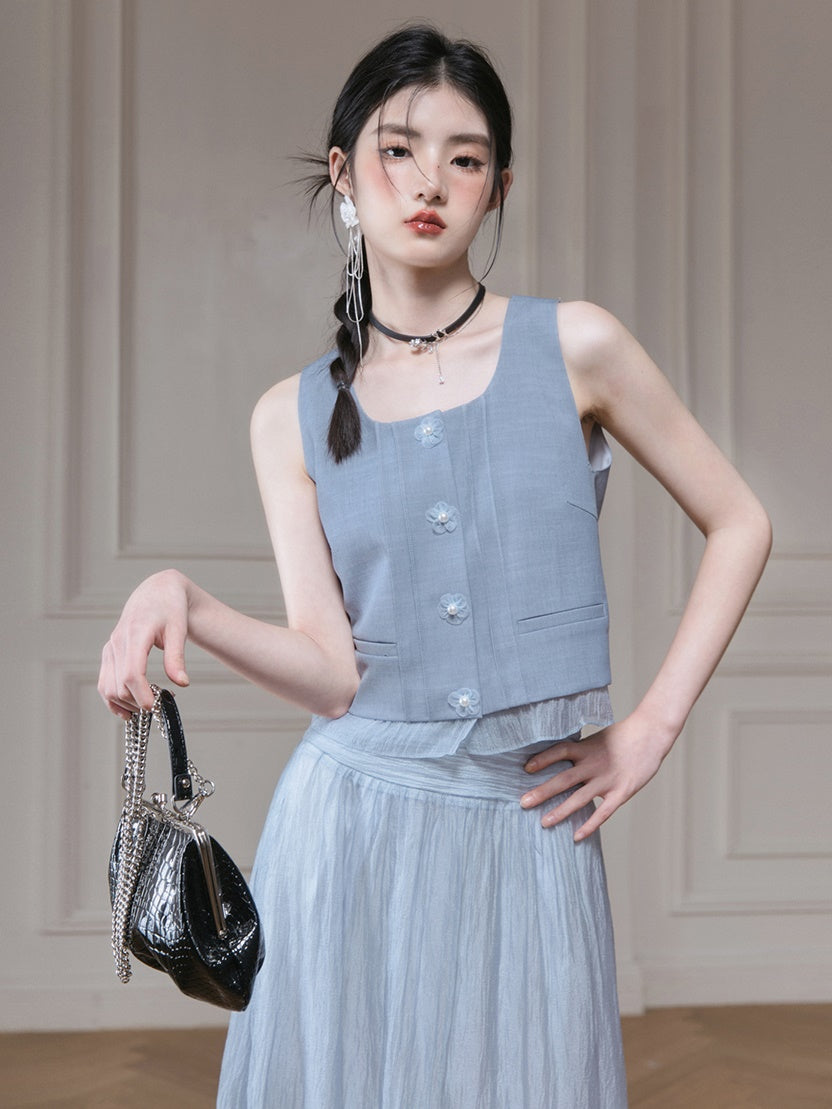 Frill Stitch U-neck Vest & Gauze Long Skirt Set-up