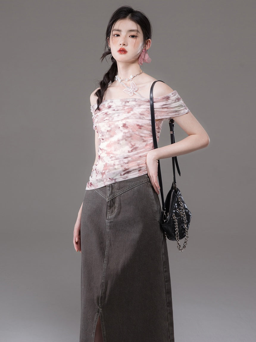 Mesh Print Off-Shoulder Top & Layered Asymmetry Skirt Set-up