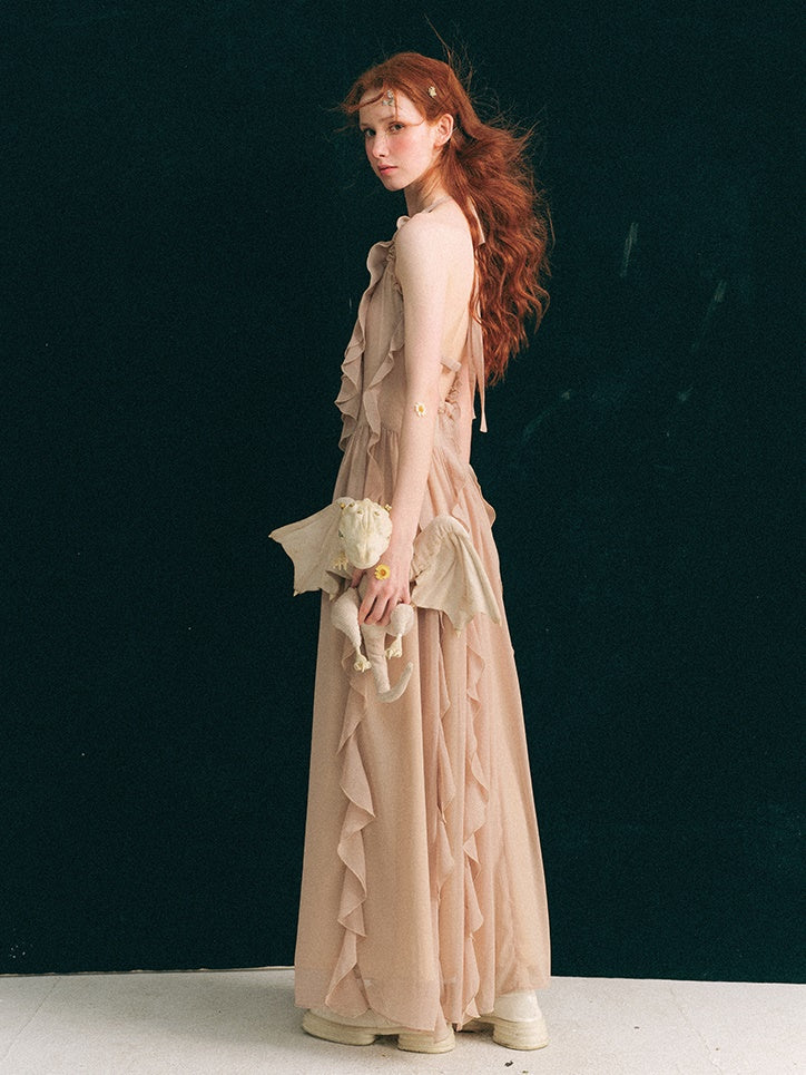 Halterneck Backless Design Frill Long Dress