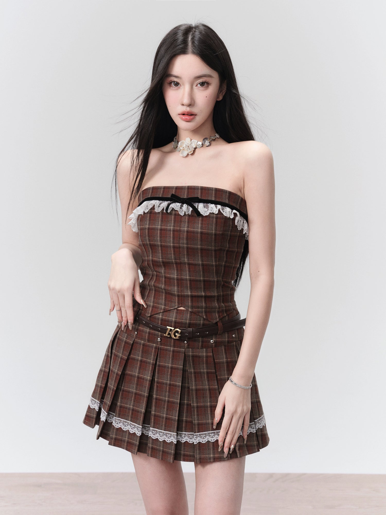 Retro Plaid Tube Top & College Style Pleated Skirt