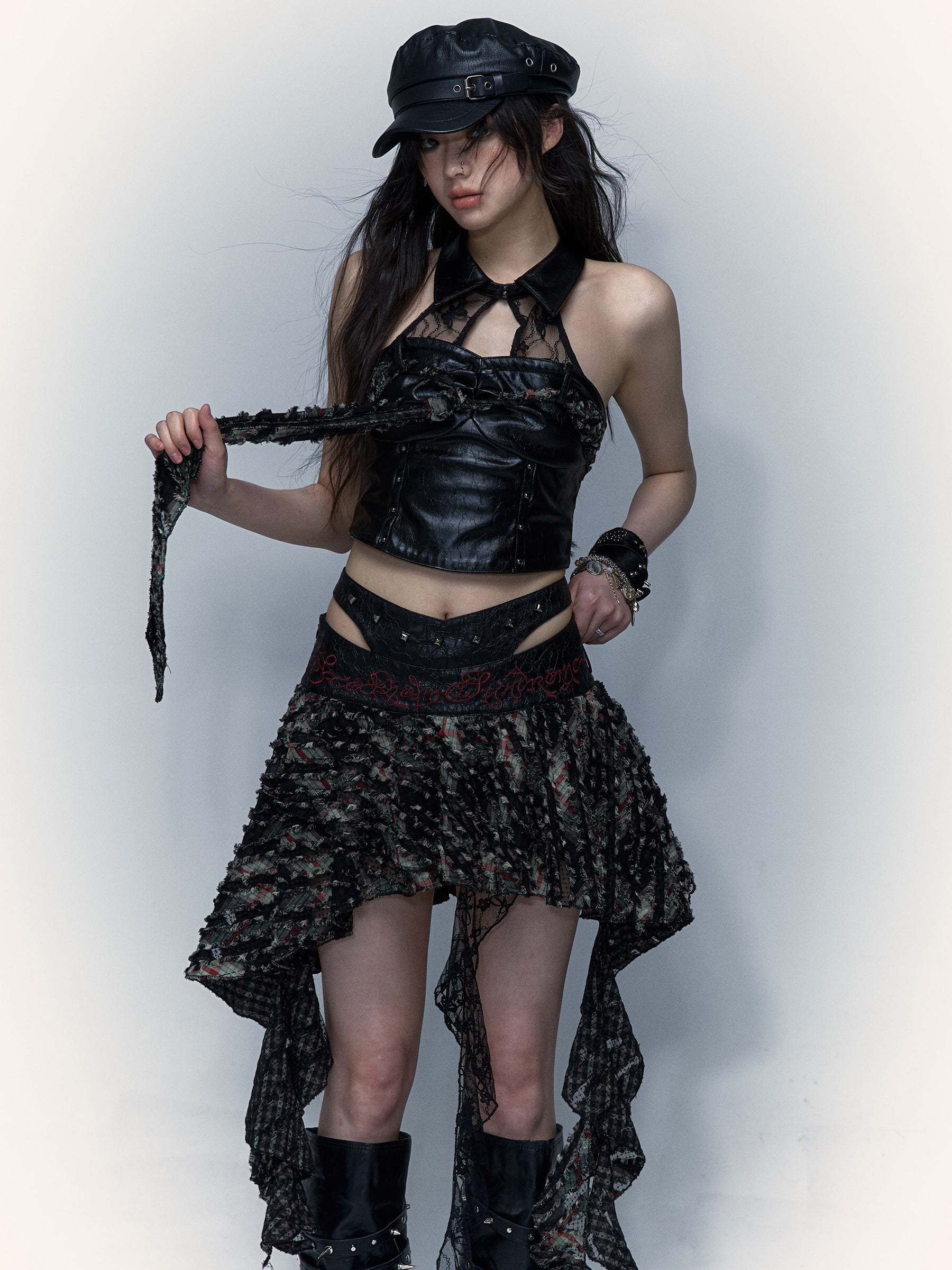 Stitching Embroidered Skirt & Lace Stitch Leather Tube Top