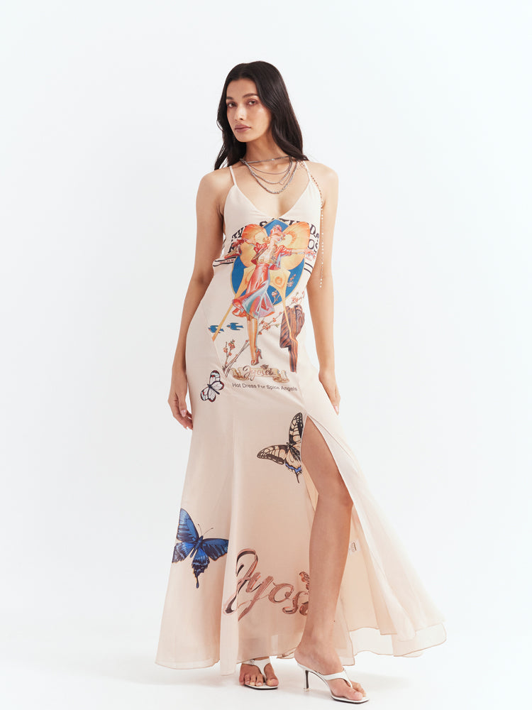 슬릿 프린트 슬링 드레스