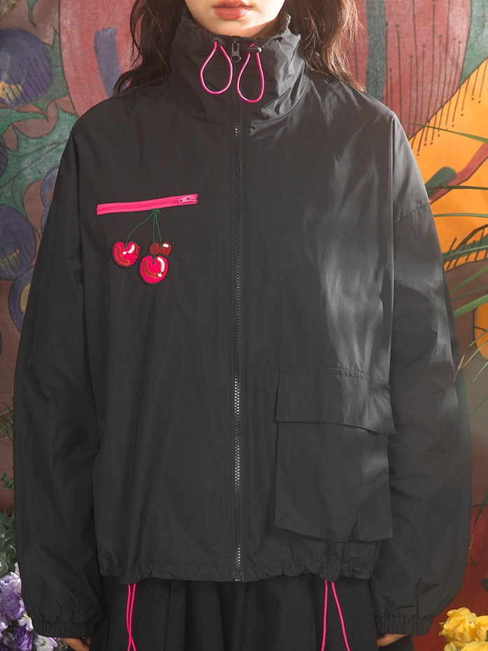 Cherry Embroidery Loose ZIPUp Jacket