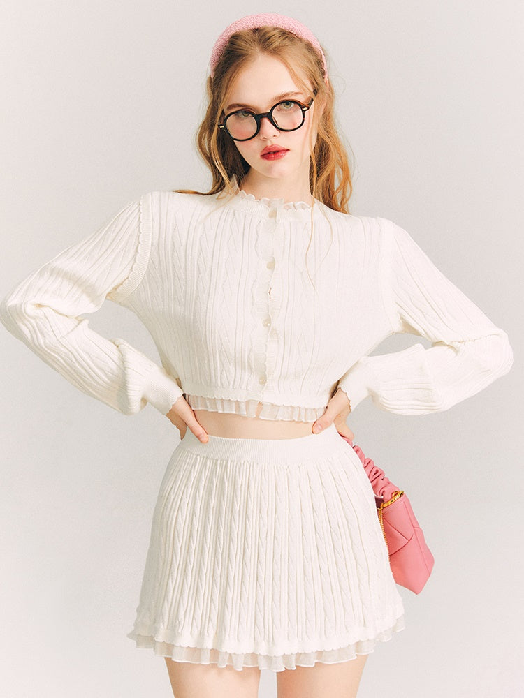 레이스 트리밍 케이블 니트 가디건 & 스커트