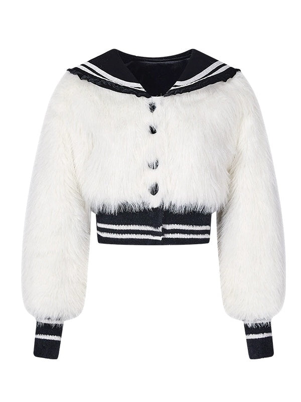 Navy Collar Imitation Fur Short Jacket