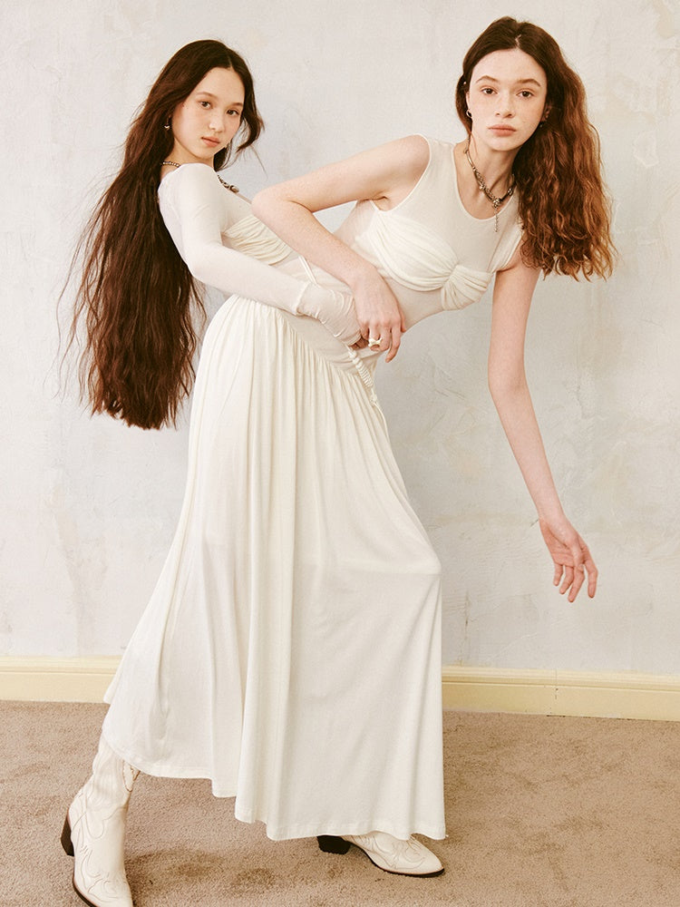 Pleated Draped Sheer Sleeveless Long Dress