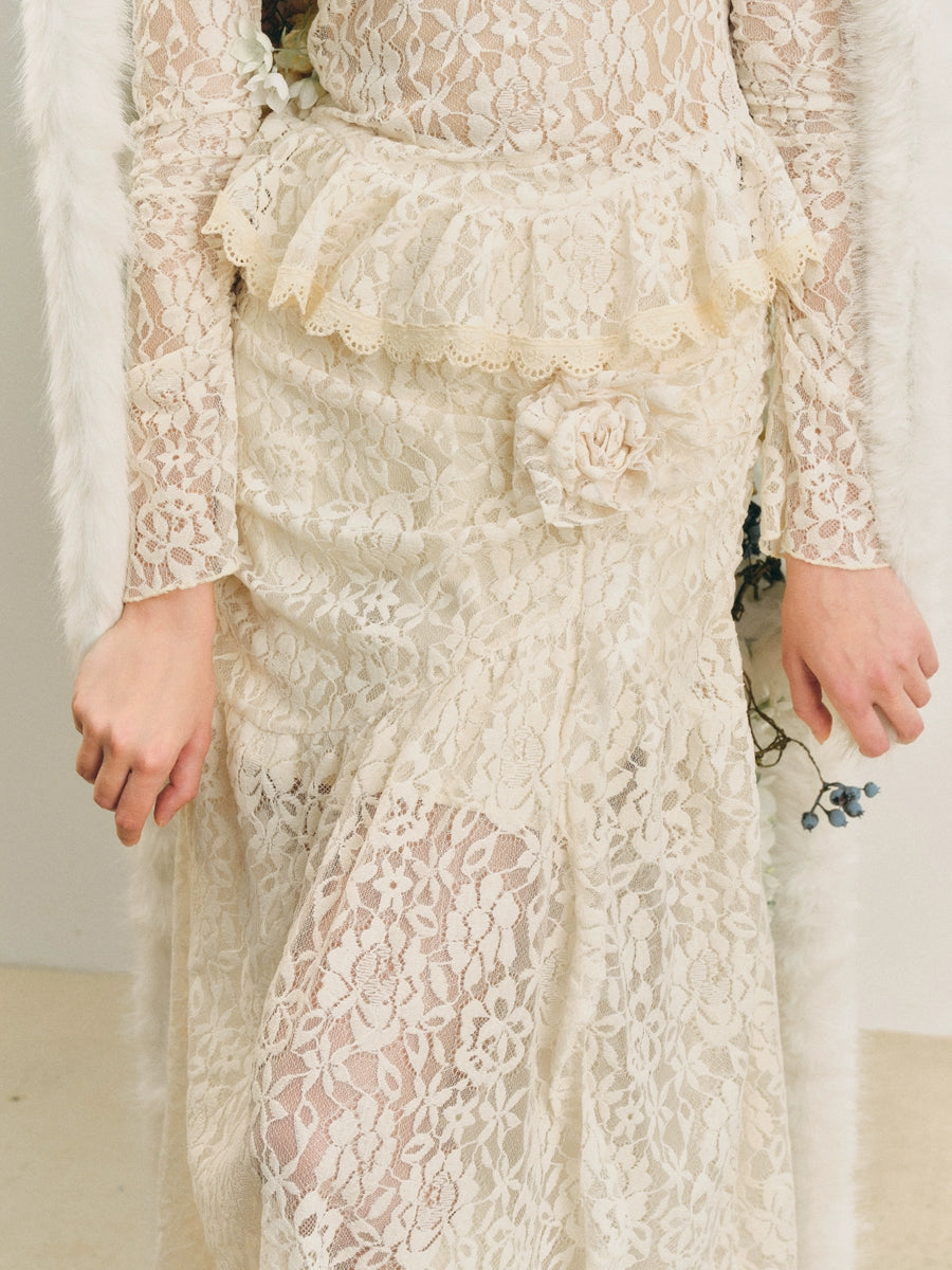 Lace High-Neck Peplum Design Top & Embroidered Lace Skirt