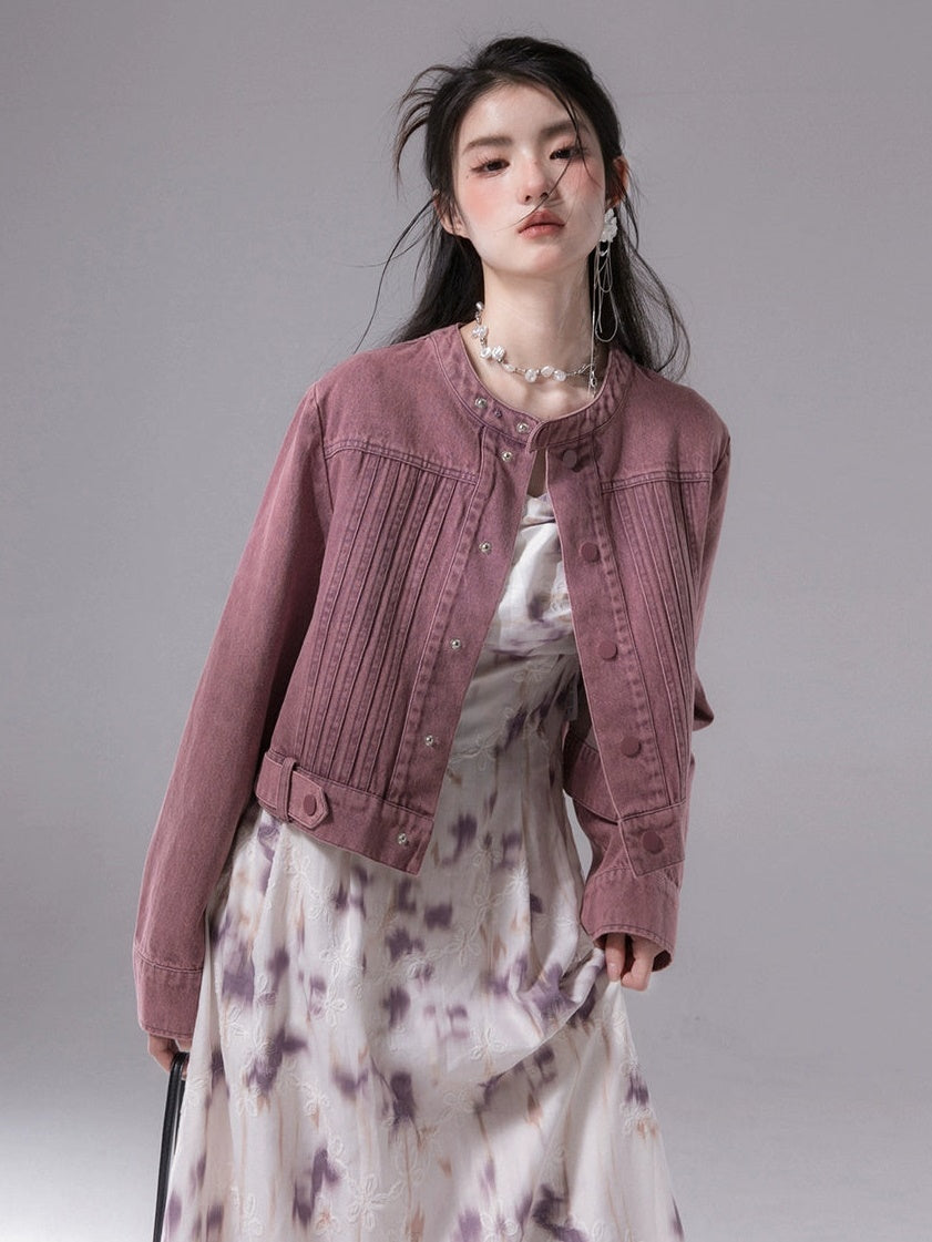 No-Collar Colored Denim Short Jacket